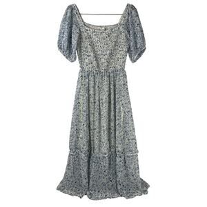 Jessica Simpson Blue White Floral Smocked Puff Sleeve Maxi Dress XS